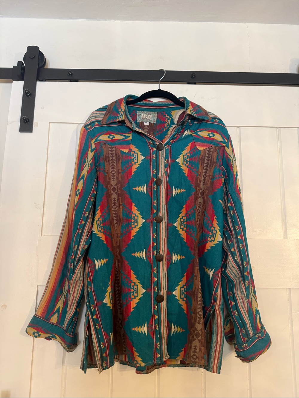 Teal Southwestern-Print Button-Down Shirt with Metal Buttons